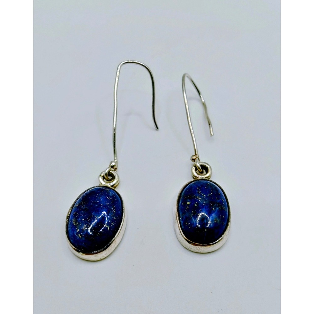 Vintage Sterling Silver Lapis Lazuli Oval Drop Earrings Signed‎ Artisan Blue